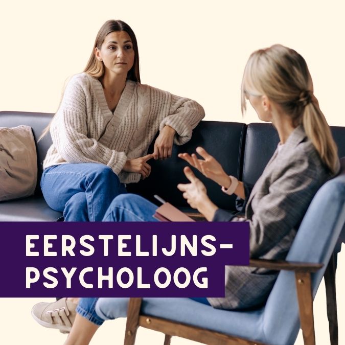 Afbeelding van twee personen in een therapiegesprek, met daarop de tekst eerstelijnspsycholoog